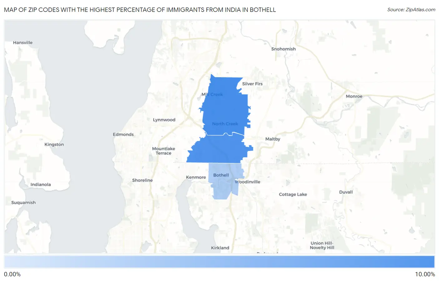 Zip Codes with the Highest Percentage of Immigrants from India in Bothell Map