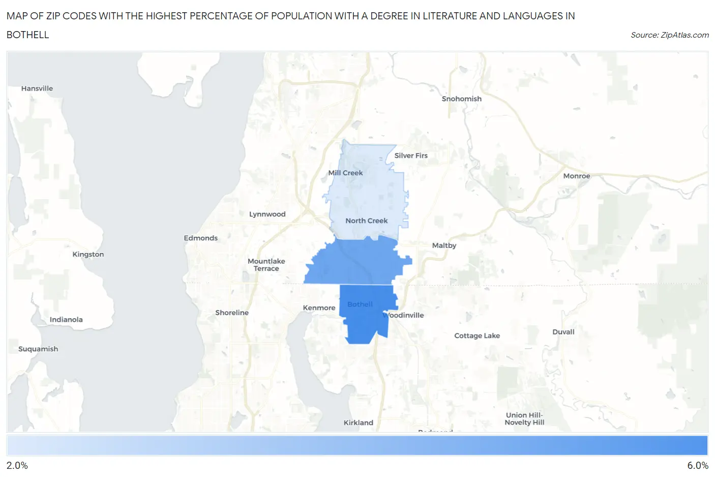 Zip Codes with the Highest Percentage of Population with a Degree in Literature and Languages in Bothell Map