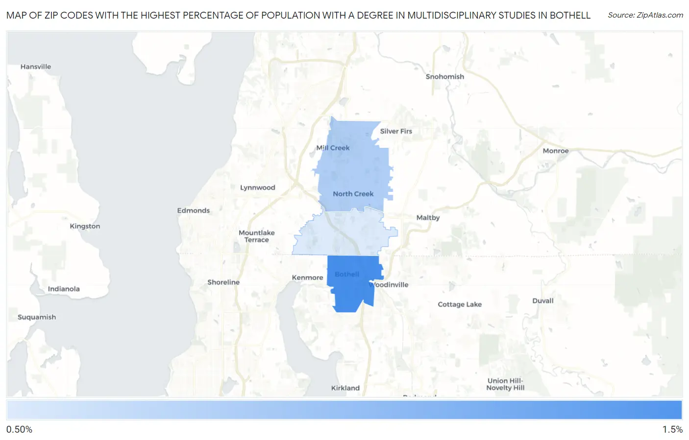 Zip Codes with the Highest Percentage of Population with a Degree in Multidisciplinary Studies in Bothell Map