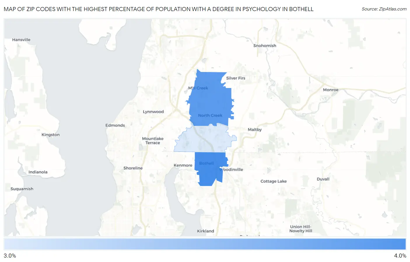 Zip Codes with the Highest Percentage of Population with a Degree in Psychology in Bothell Map