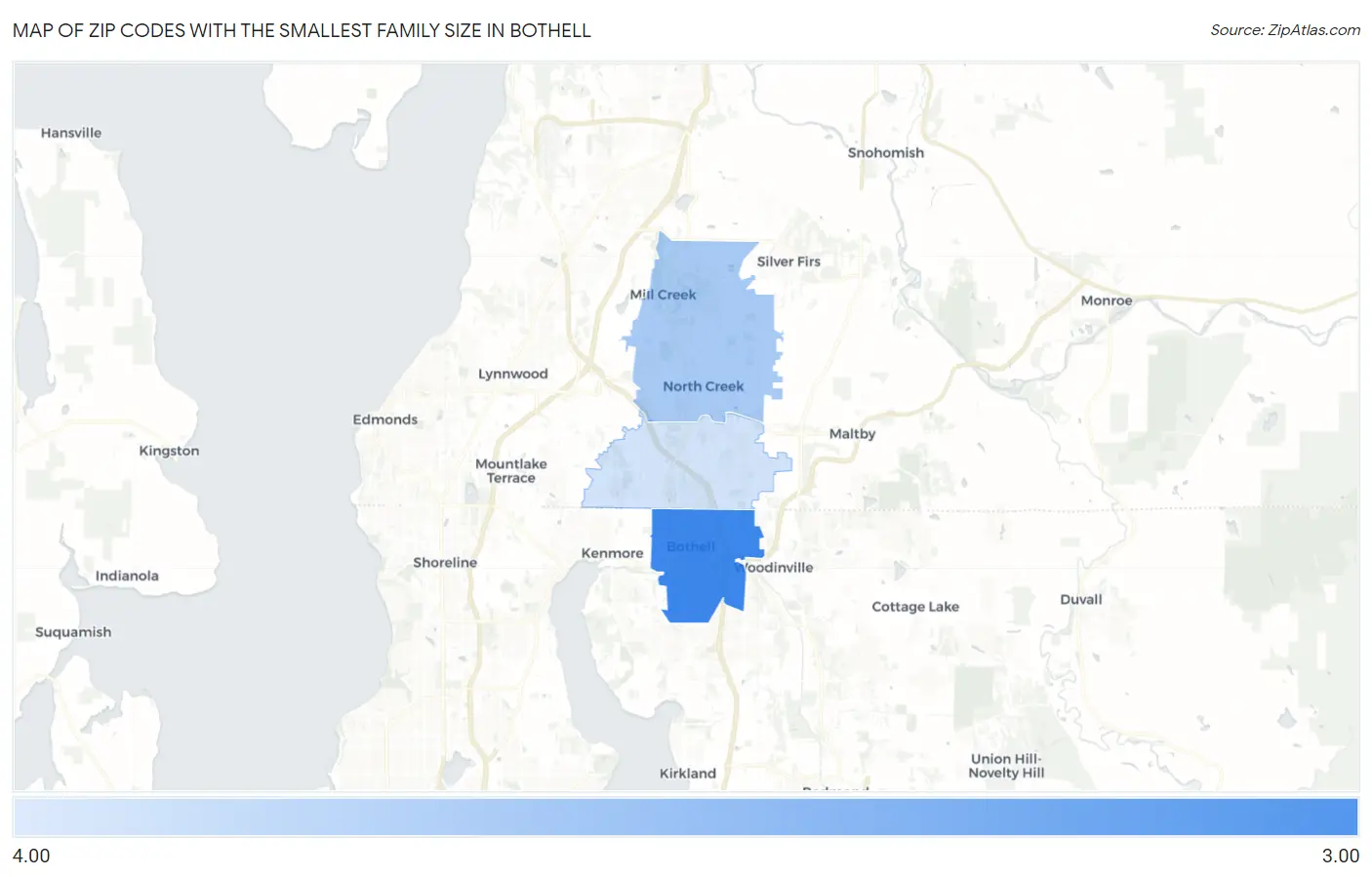 Zip Codes with the Smallest Family Size in Bothell Map