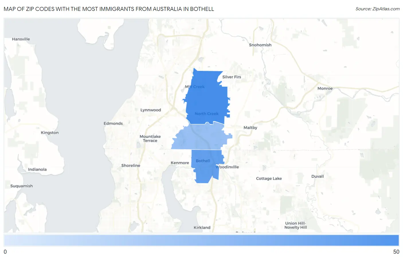 Zip Codes with the Most Immigrants from Australia in Bothell Map