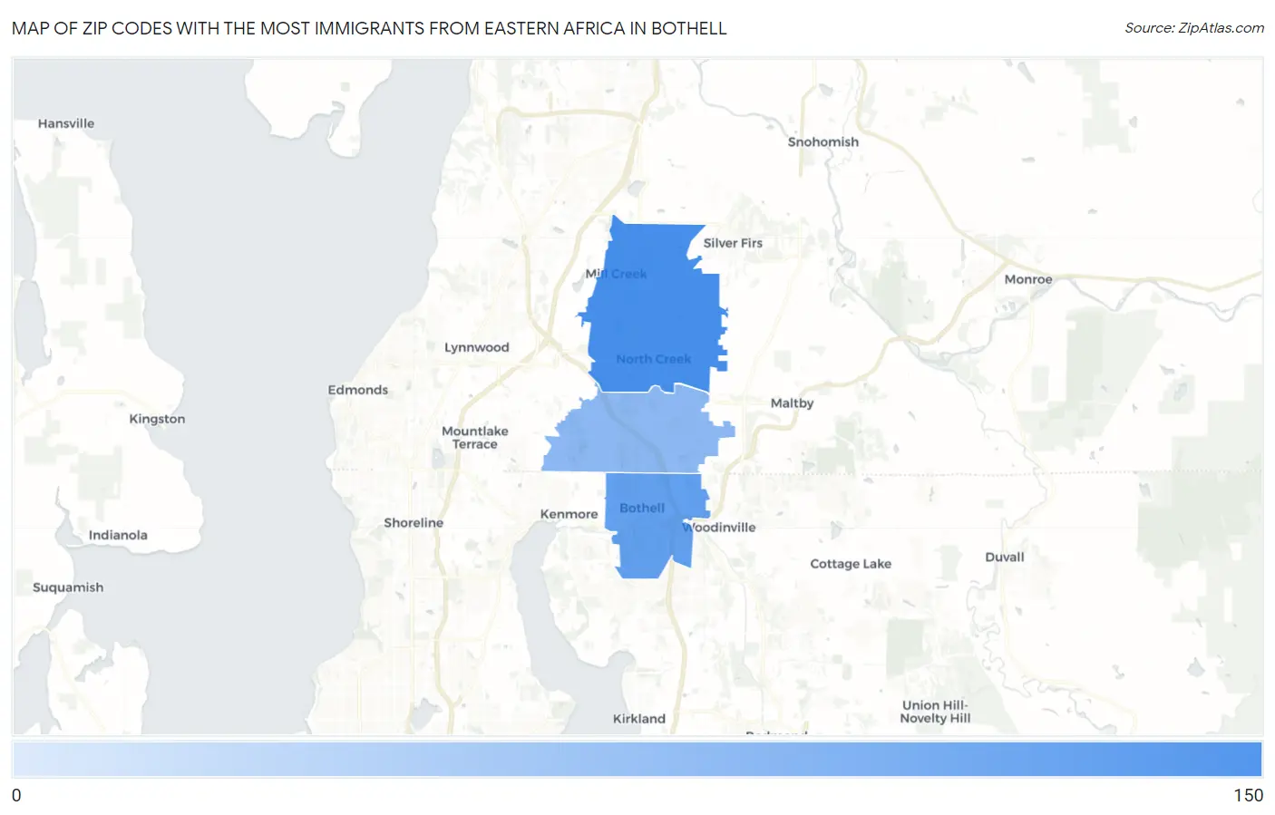 Zip Codes with the Most Immigrants from Eastern Africa in Bothell Map