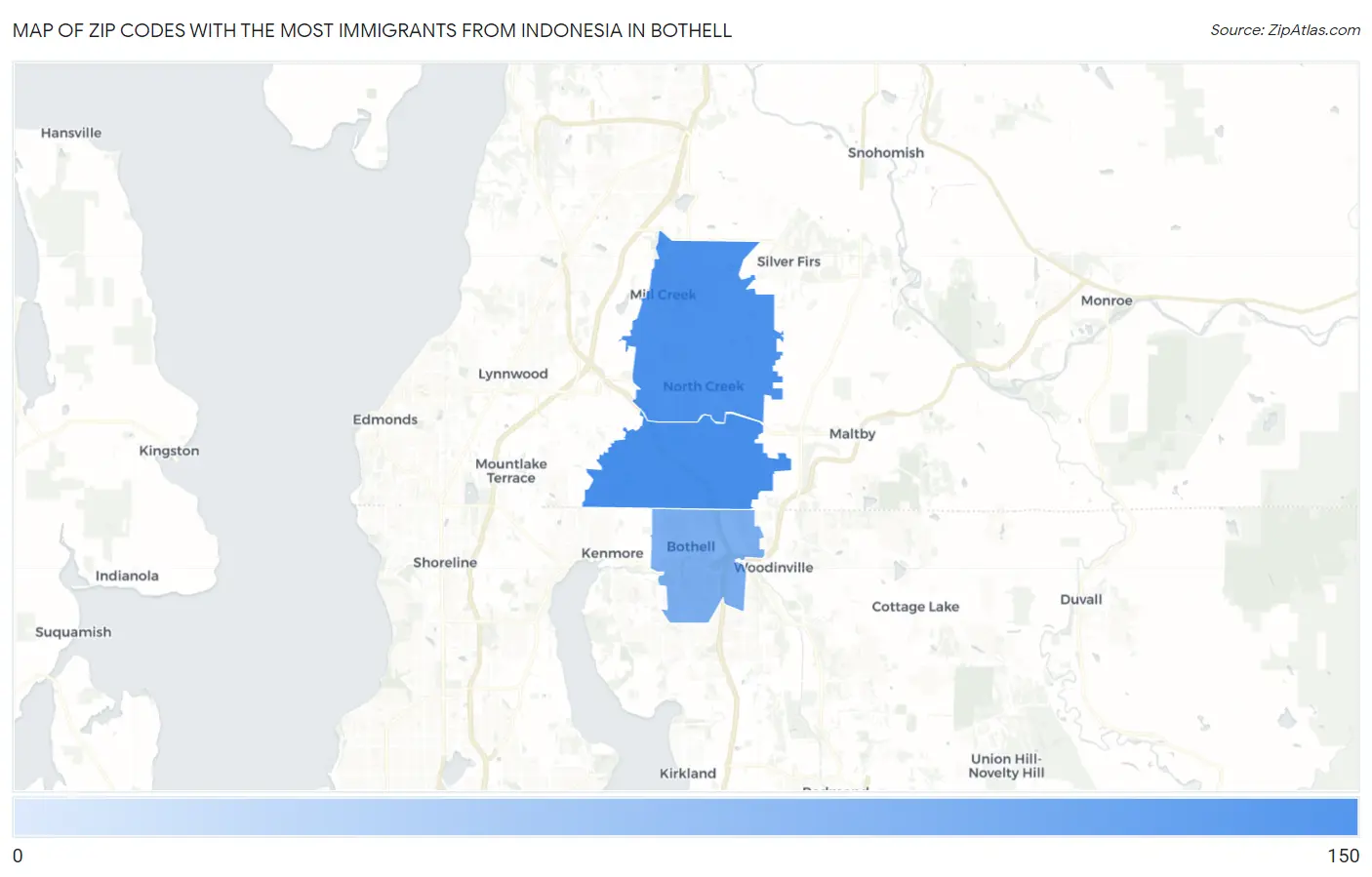 Zip Codes with the Most Immigrants from Indonesia in Bothell Map