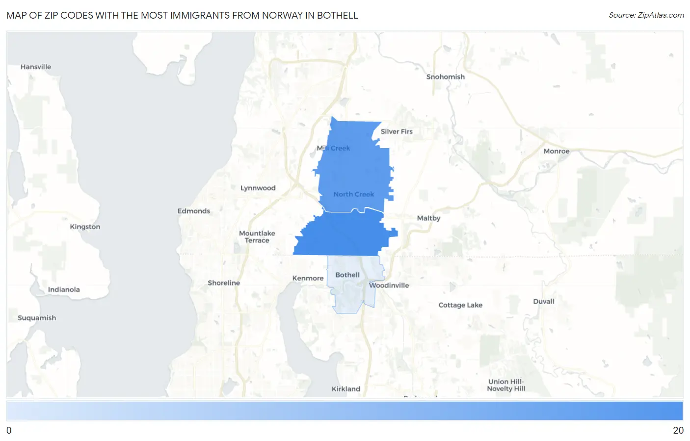 Zip Codes with the Most Immigrants from Norway in Bothell Map