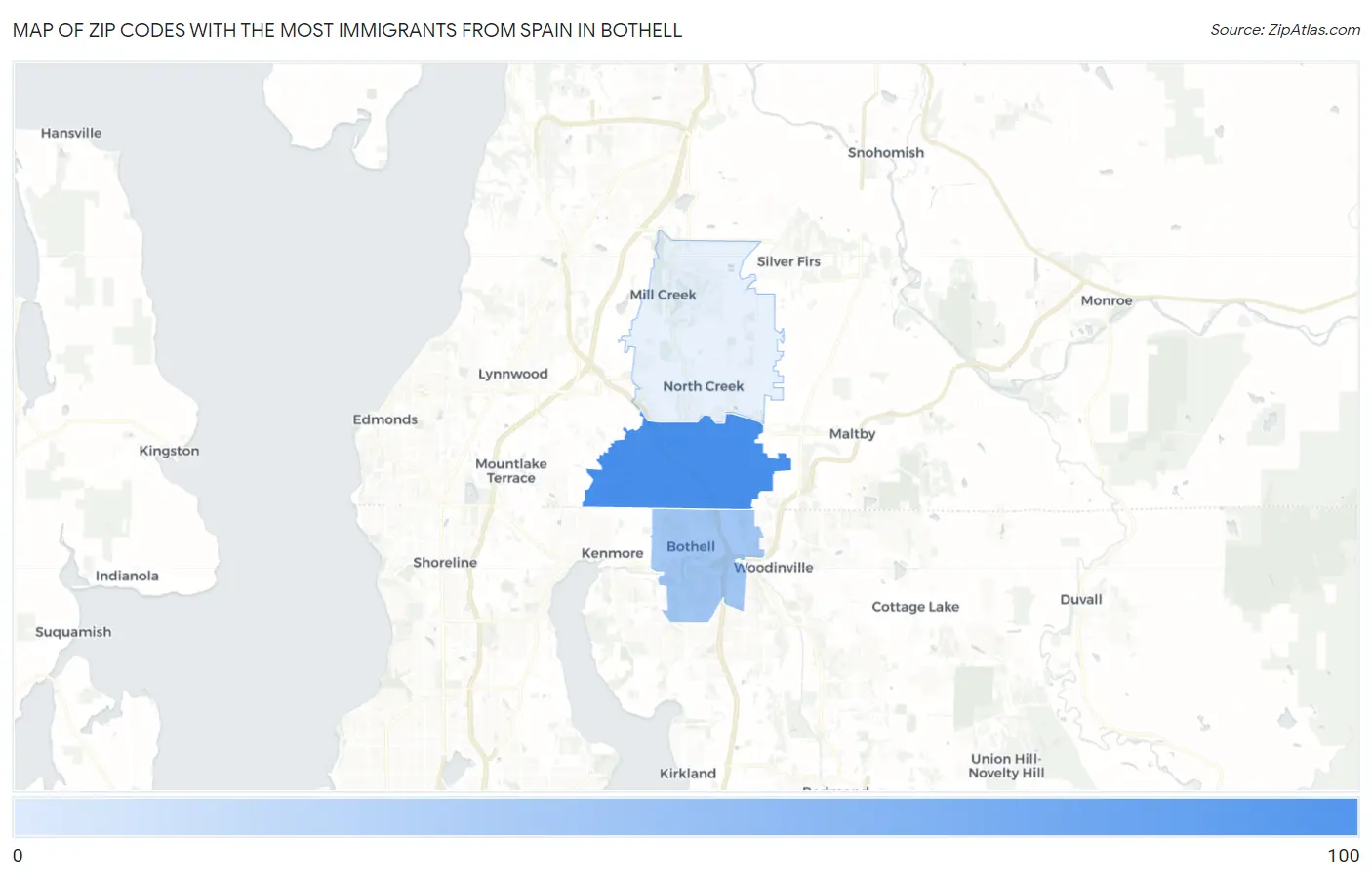 Zip Codes with the Most Immigrants from Spain in Bothell Map