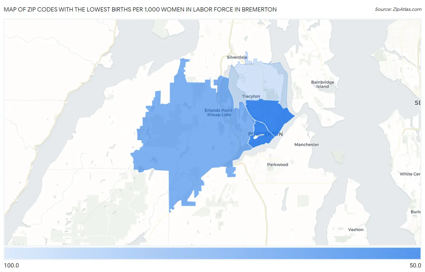 Zip Codes with the Lowest Births per 1,000 Women in Labor Force in Bremerton Map