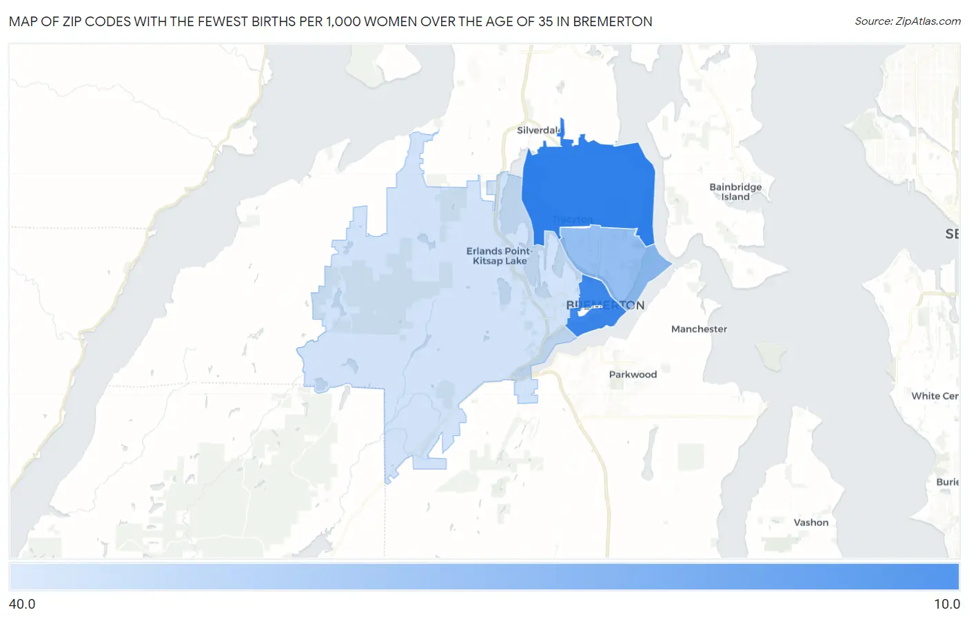 Zip Codes with the Fewest Births per 1,000 Women Over the Age of 35 in Bremerton Map