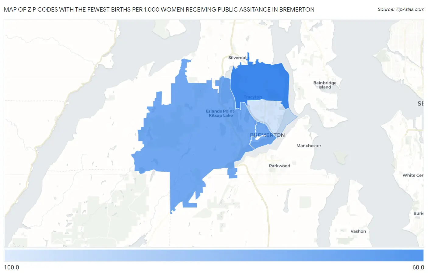 Zip Codes with the Fewest Births per 1,000 Women Receiving Public Assitance in Bremerton Map