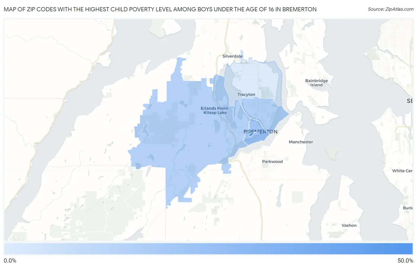 Zip Codes with the Highest Child Poverty Level Among Boys Under the Age of 16 in Bremerton Map
