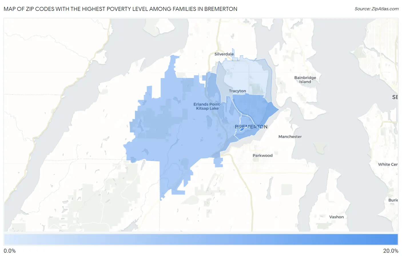 Zip Codes with the Highest Poverty Level Among Families in Bremerton Map