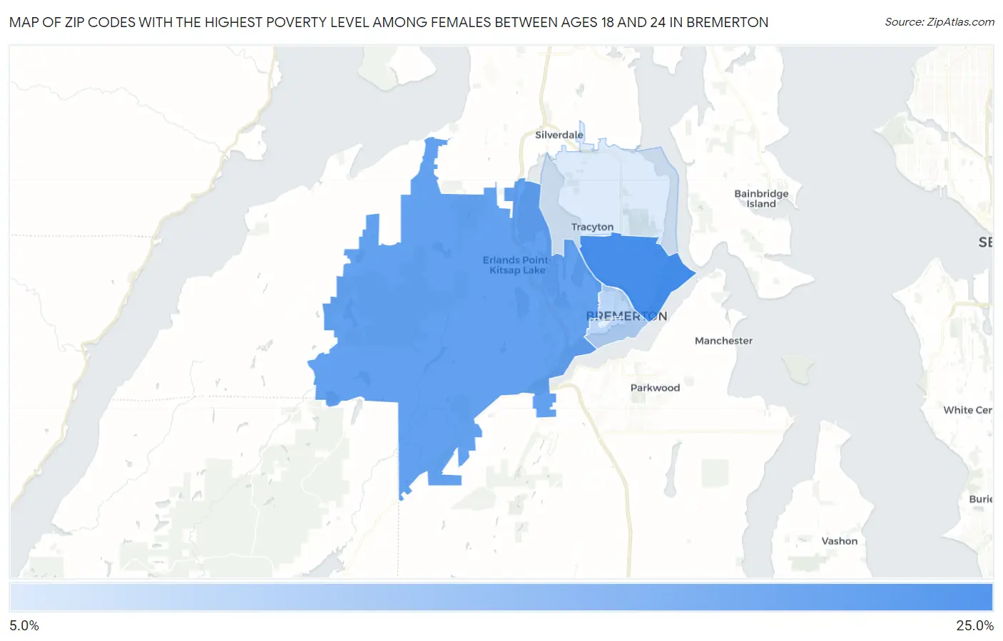 Zip Codes with the Highest Poverty Level Among Females Between Ages 18 and 24 in Bremerton Map