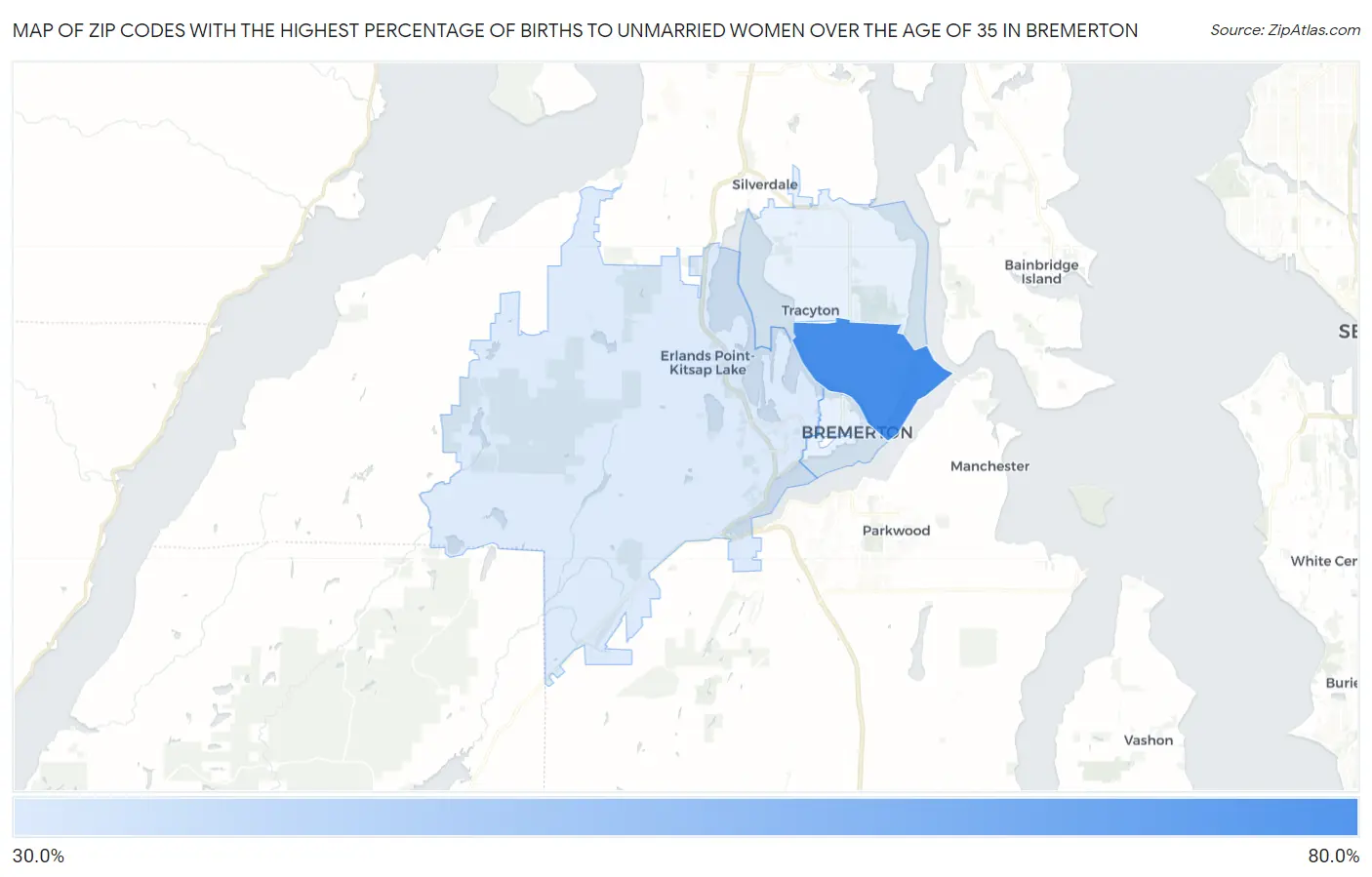 Zip Codes with the Highest Percentage of Births to Unmarried Women over the Age of 35 in Bremerton Map
