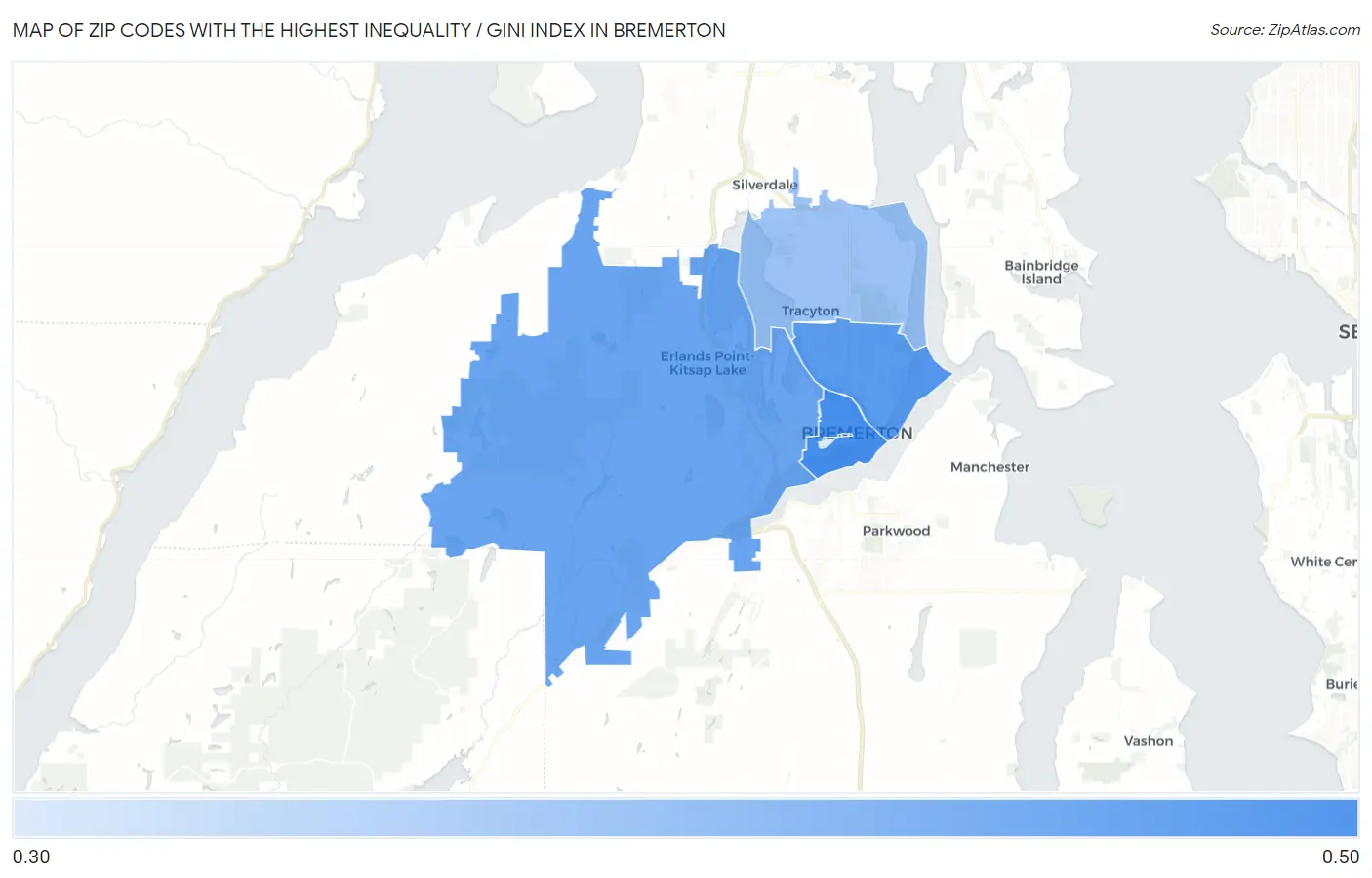 Zip Codes with the Highest Inequality / Gini Index in Bremerton Map