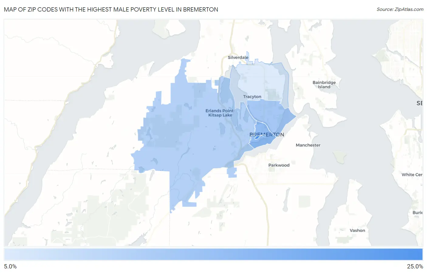 Zip Codes with the Highest Male Poverty Level in Bremerton Map