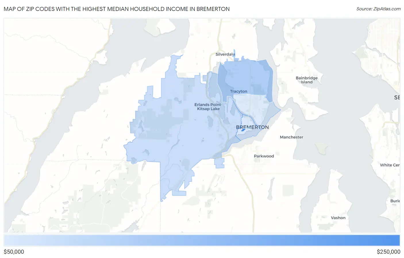 Zip Codes with the Highest Median Household Income in Bremerton Map
