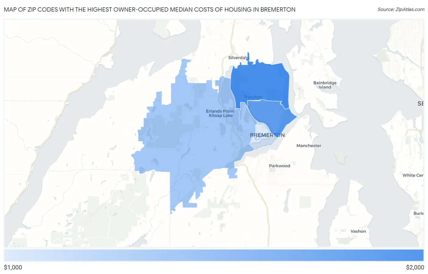 Zip Codes with the Highest Owner-Occupied Median Costs of Housing in Bremerton Map