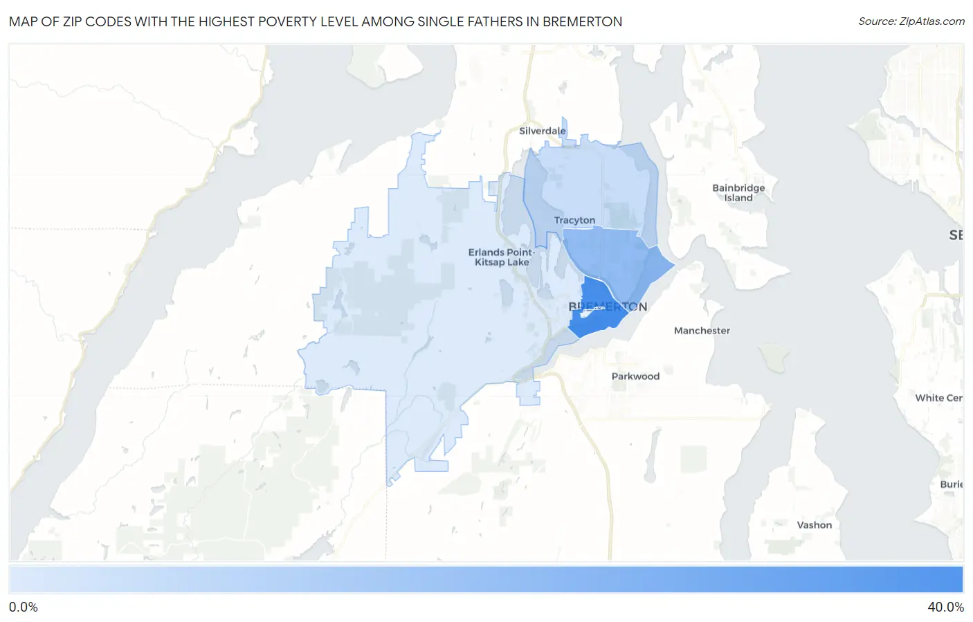 Zip Codes with the Highest Poverty Level Among Single Fathers in Bremerton Map