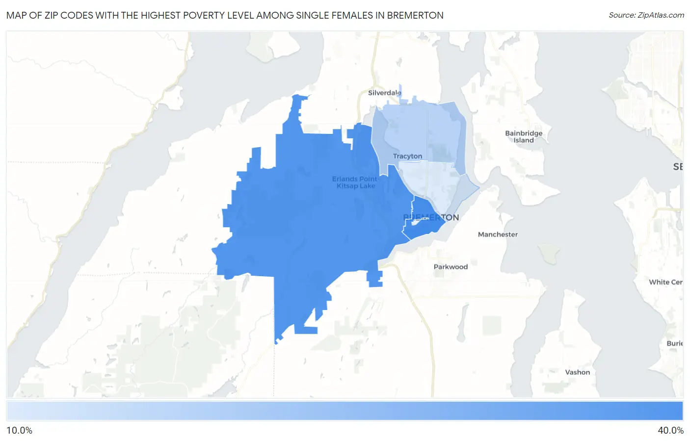 Zip Codes with the Highest Poverty Level Among Single Females in Bremerton Map