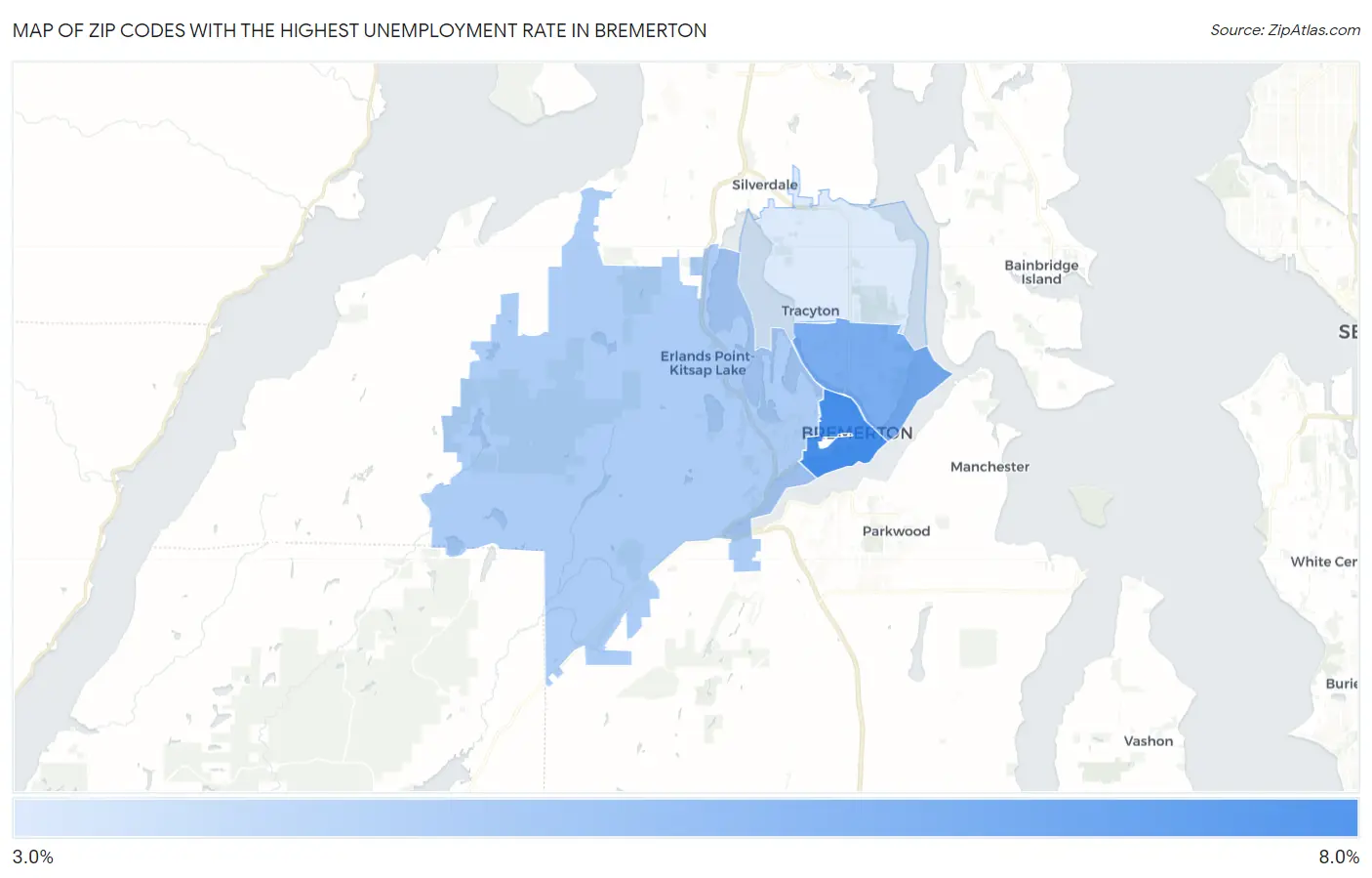 Zip Codes with the Highest Unemployment Rate in Bremerton Map