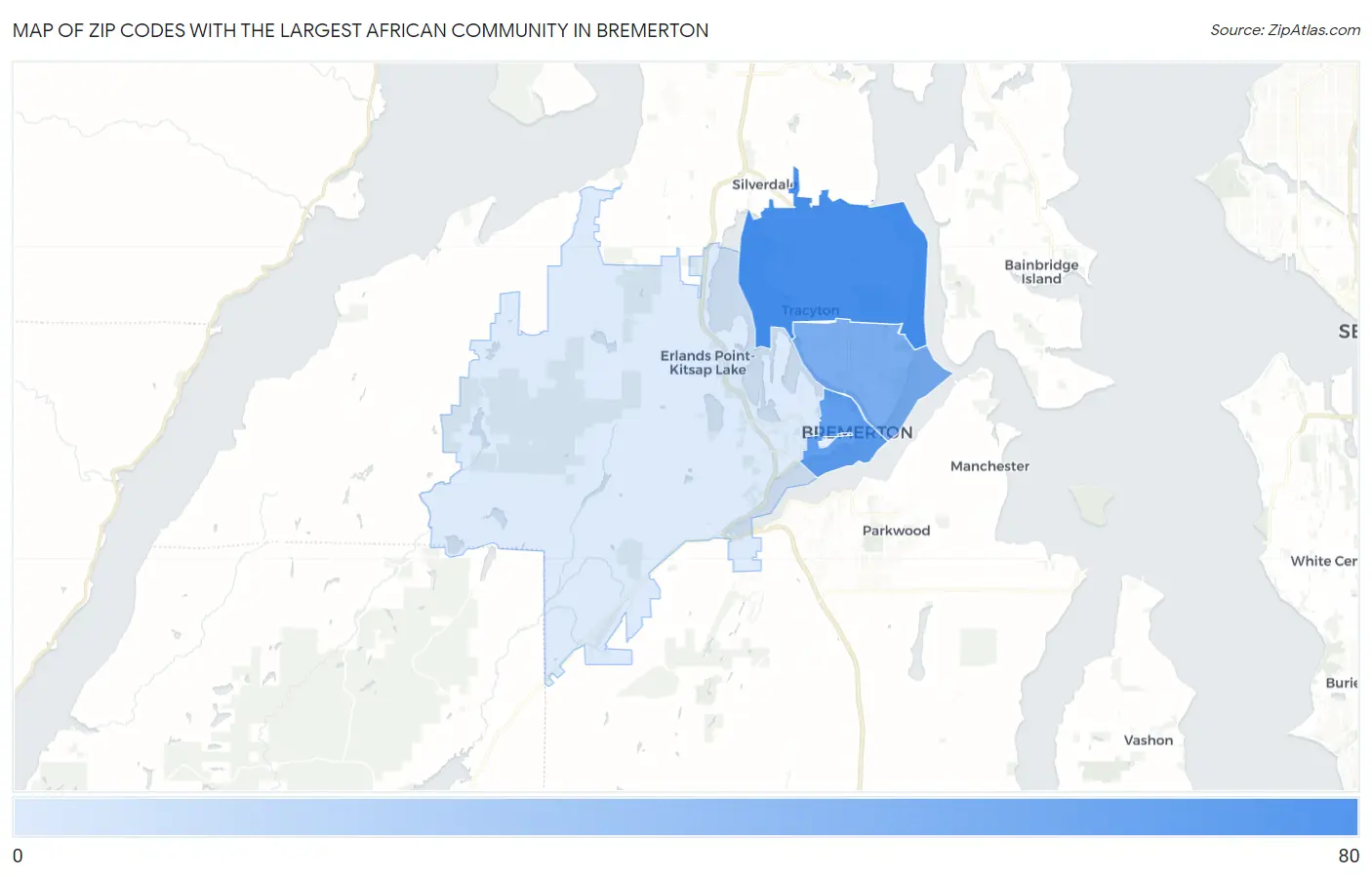 Zip Codes with the Largest African Community in Bremerton Map