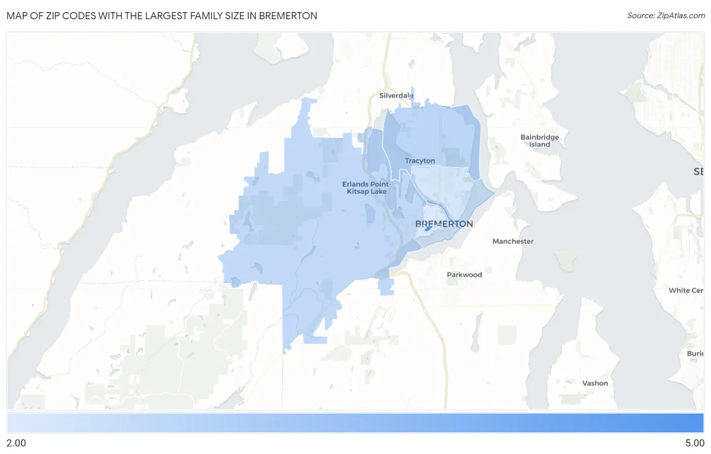 Zip Codes with the Largest Family Size in Bremerton Map