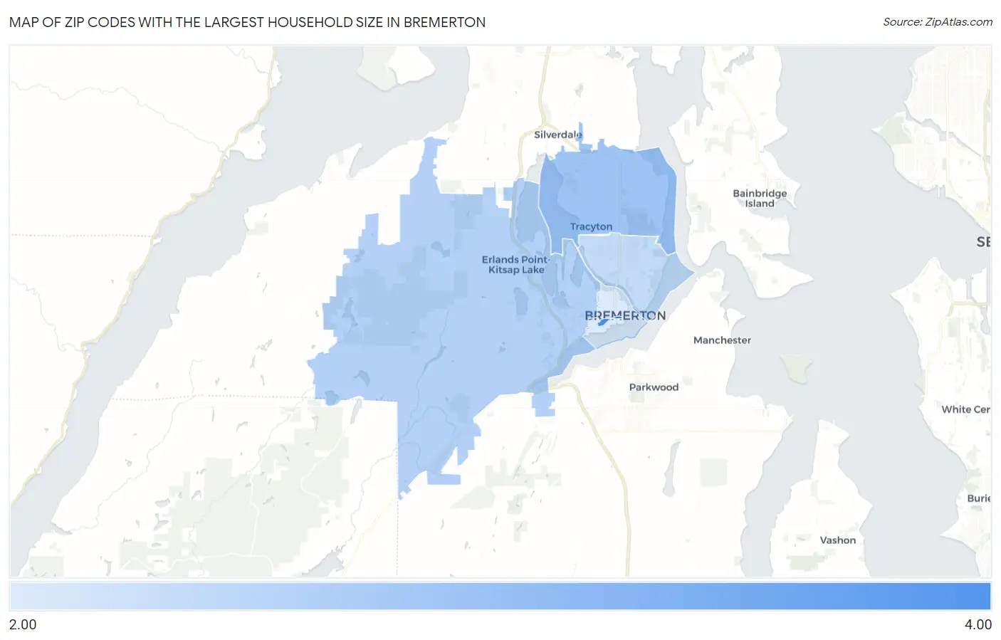Zip Codes with the Largest Household Size in Bremerton Map