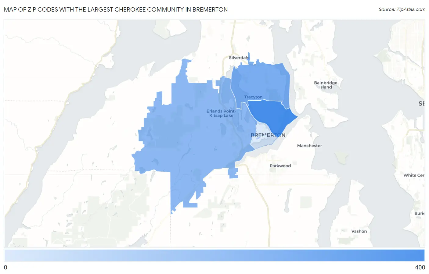 Zip Codes with the Largest Cherokee Community in Bremerton Map
