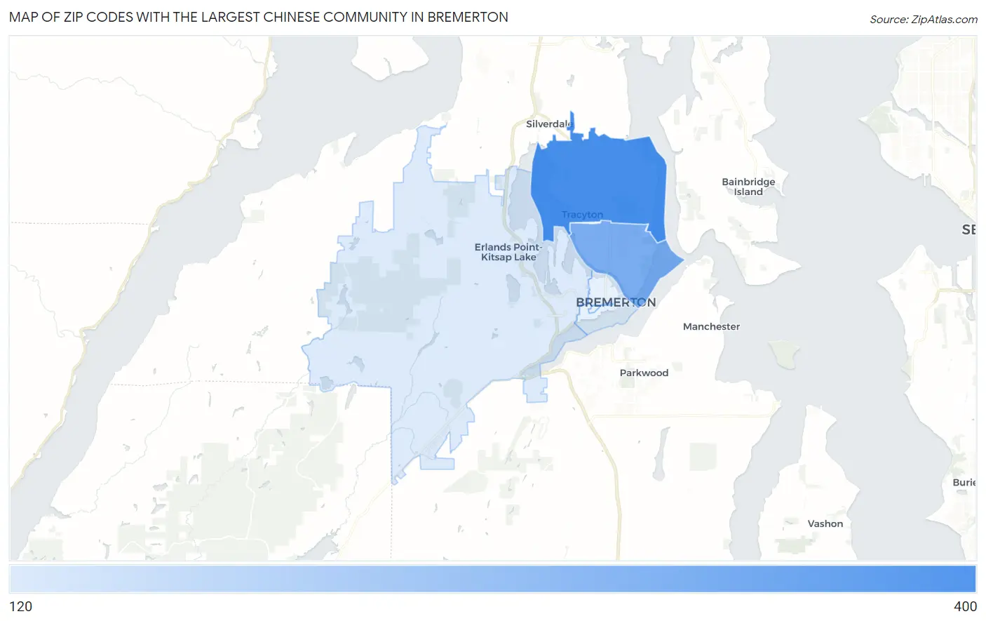 Zip Codes with the Largest Chinese Community in Bremerton Map