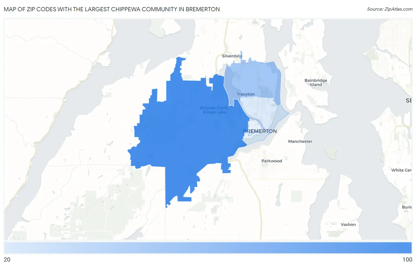 Zip Codes with the Largest Chippewa Community in Bremerton Map