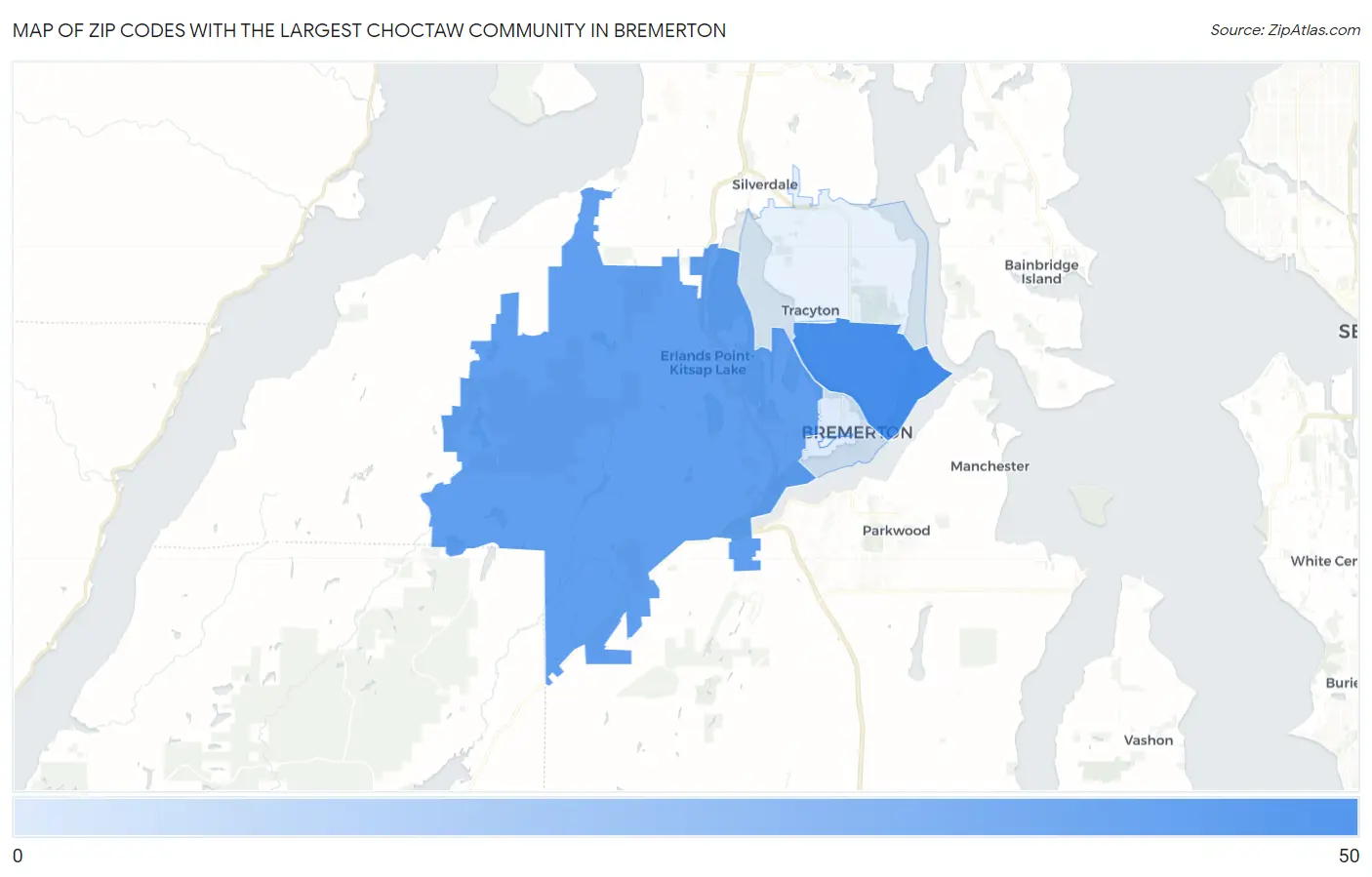 Zip Codes with the Largest Choctaw Community in Bremerton Map