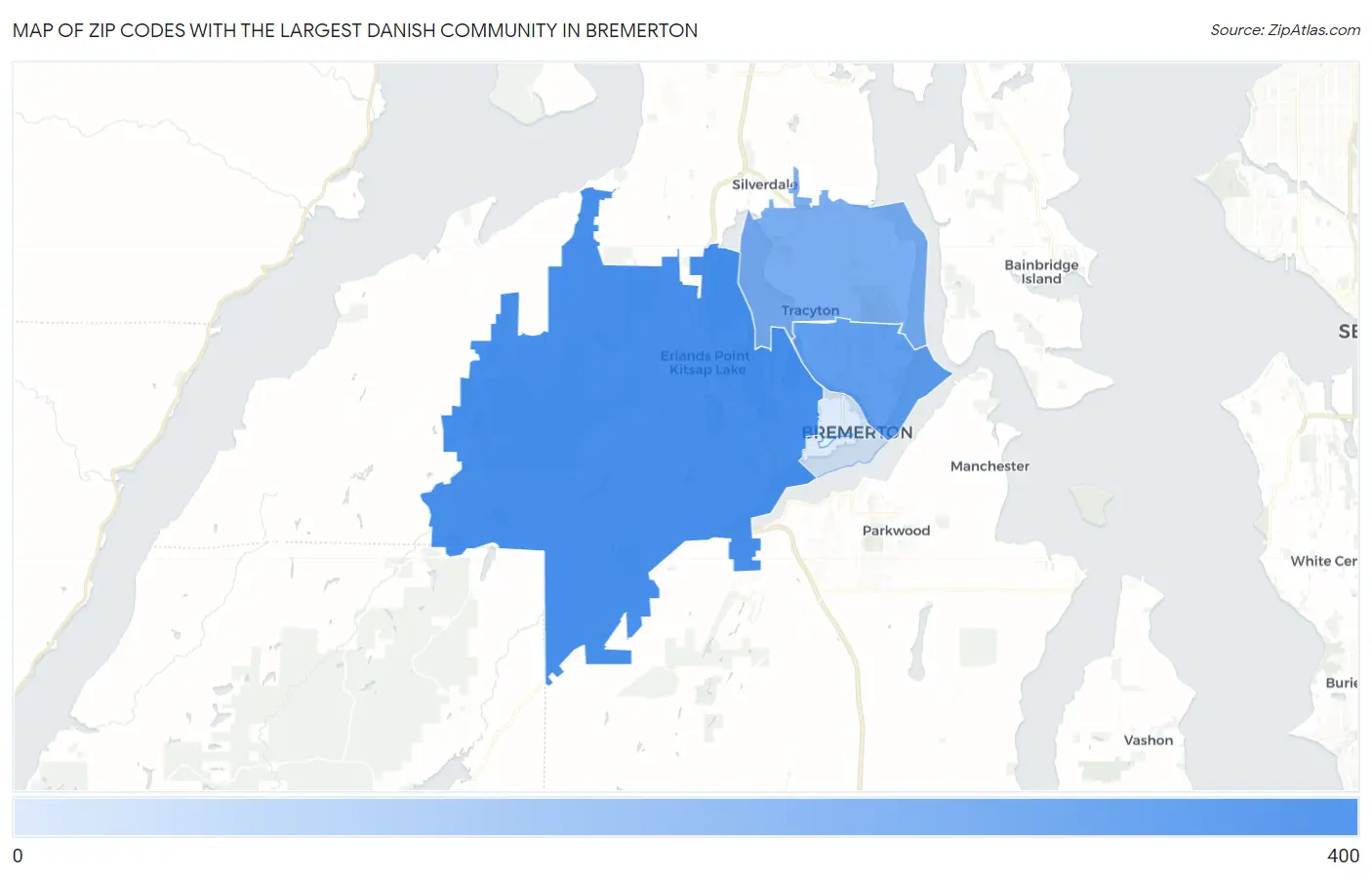 Zip Codes with the Largest Danish Community in Bremerton Map