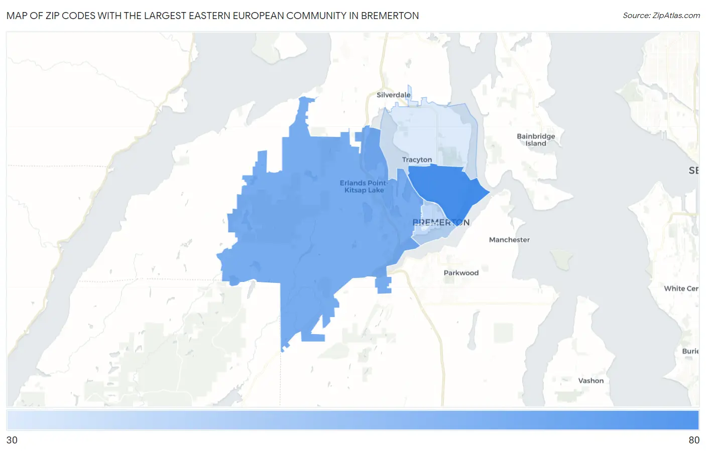Zip Codes with the Largest Eastern European Community in Bremerton Map