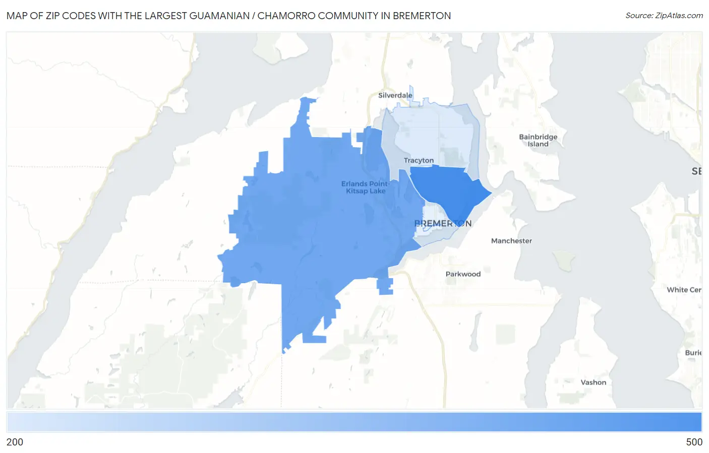 Zip Codes with the Largest Guamanian / Chamorro Community in Bremerton Map