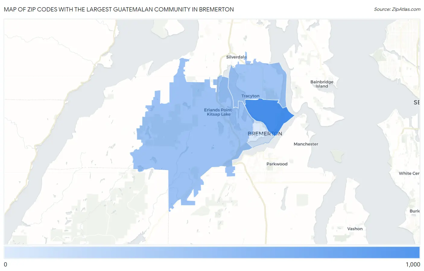 Zip Codes with the Largest Guatemalan Community in Bremerton Map