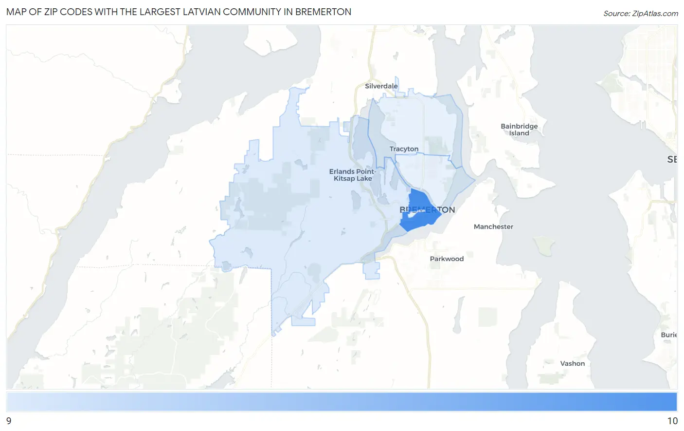 Zip Codes with the Largest Latvian Community in Bremerton Map