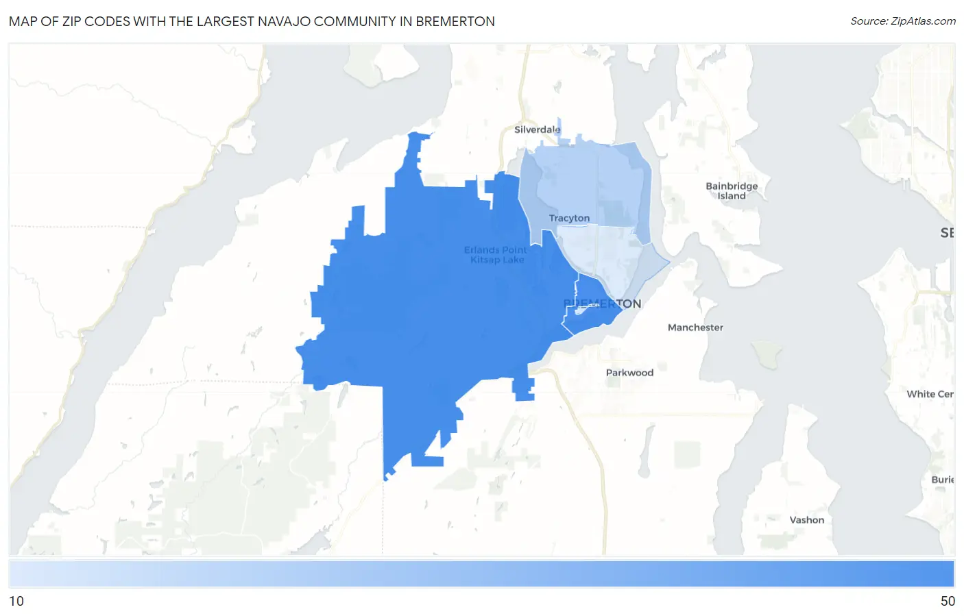 Zip Codes with the Largest Navajo Community in Bremerton Map