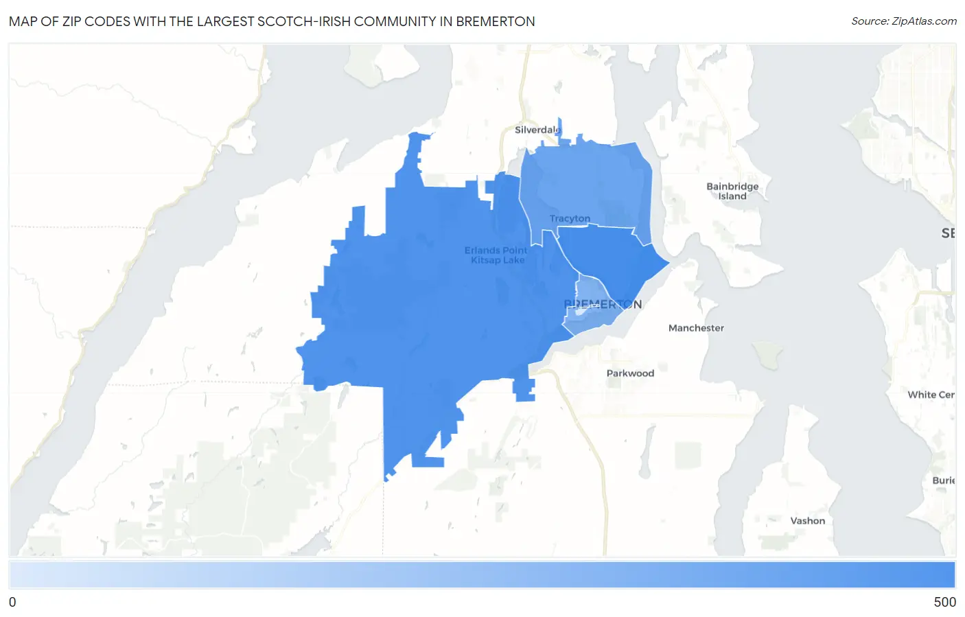 Zip Codes with the Largest Scotch-Irish Community in Bremerton Map