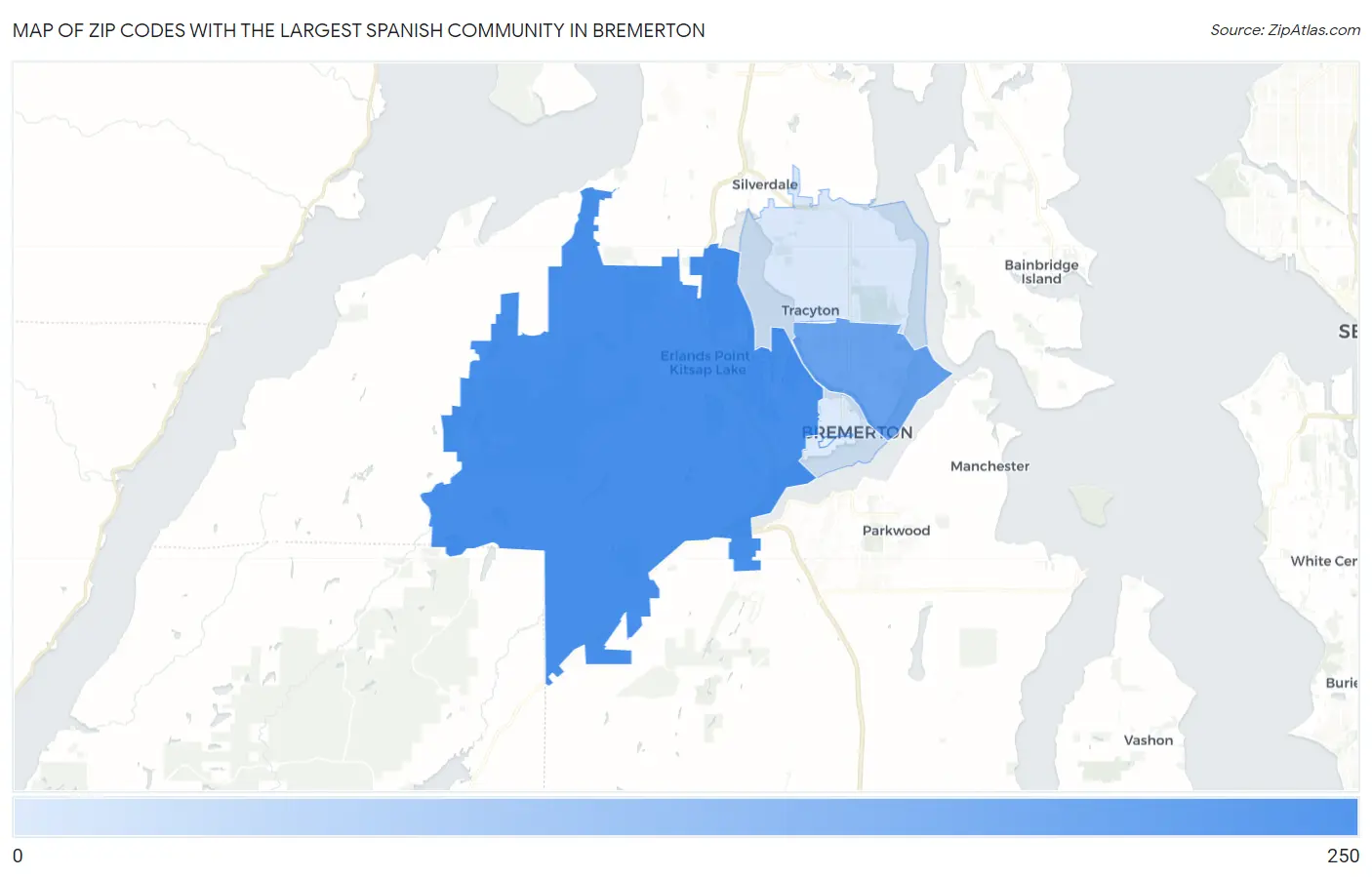 Zip Codes with the Largest Spanish Community in Bremerton Map