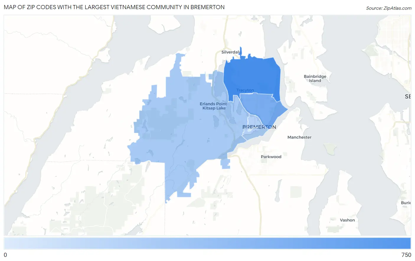 Zip Codes with the Largest Vietnamese Community in Bremerton Map