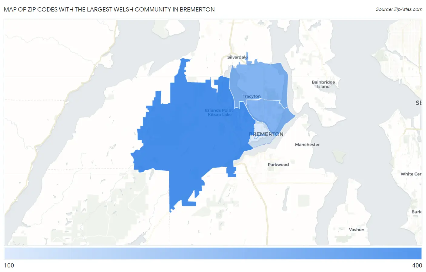 Zip Codes with the Largest Welsh Community in Bremerton Map