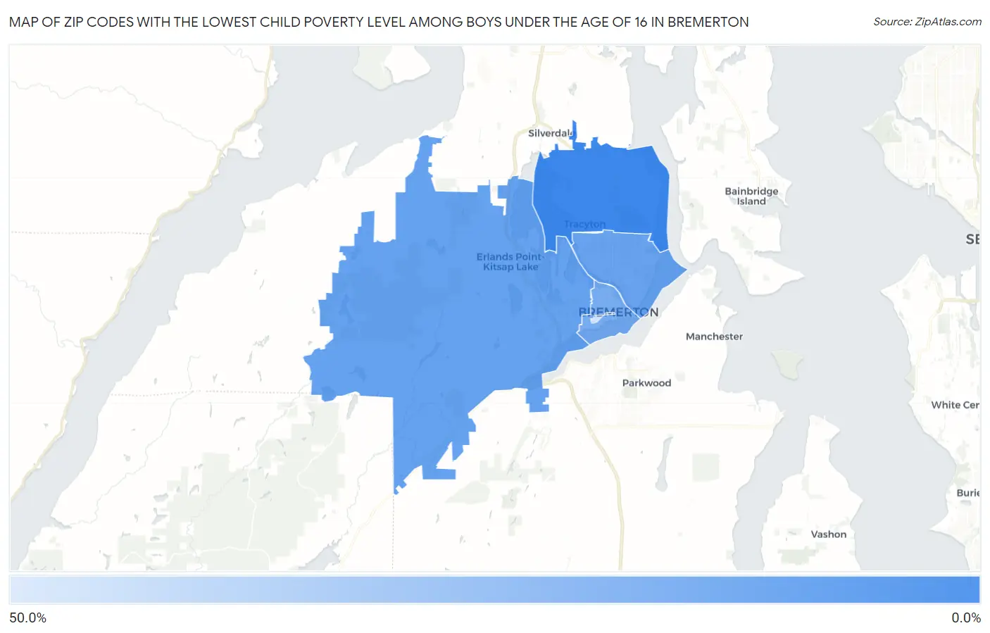 Zip Codes with the Lowest Child Poverty Level Among Boys Under the Age of 16 in Bremerton Map