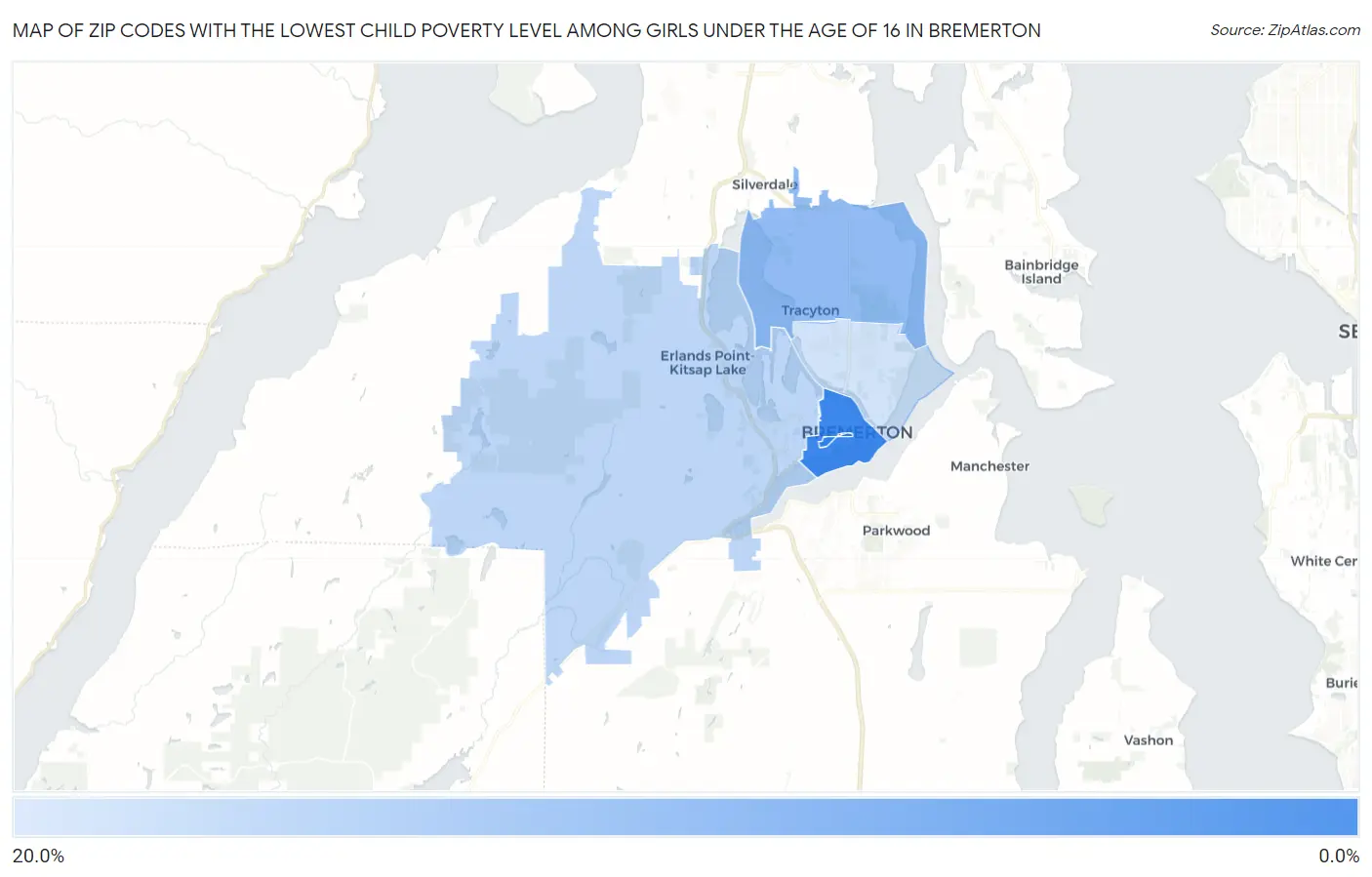 Zip Codes with the Lowest Child Poverty Level Among Girls Under the Age of 16 in Bremerton Map