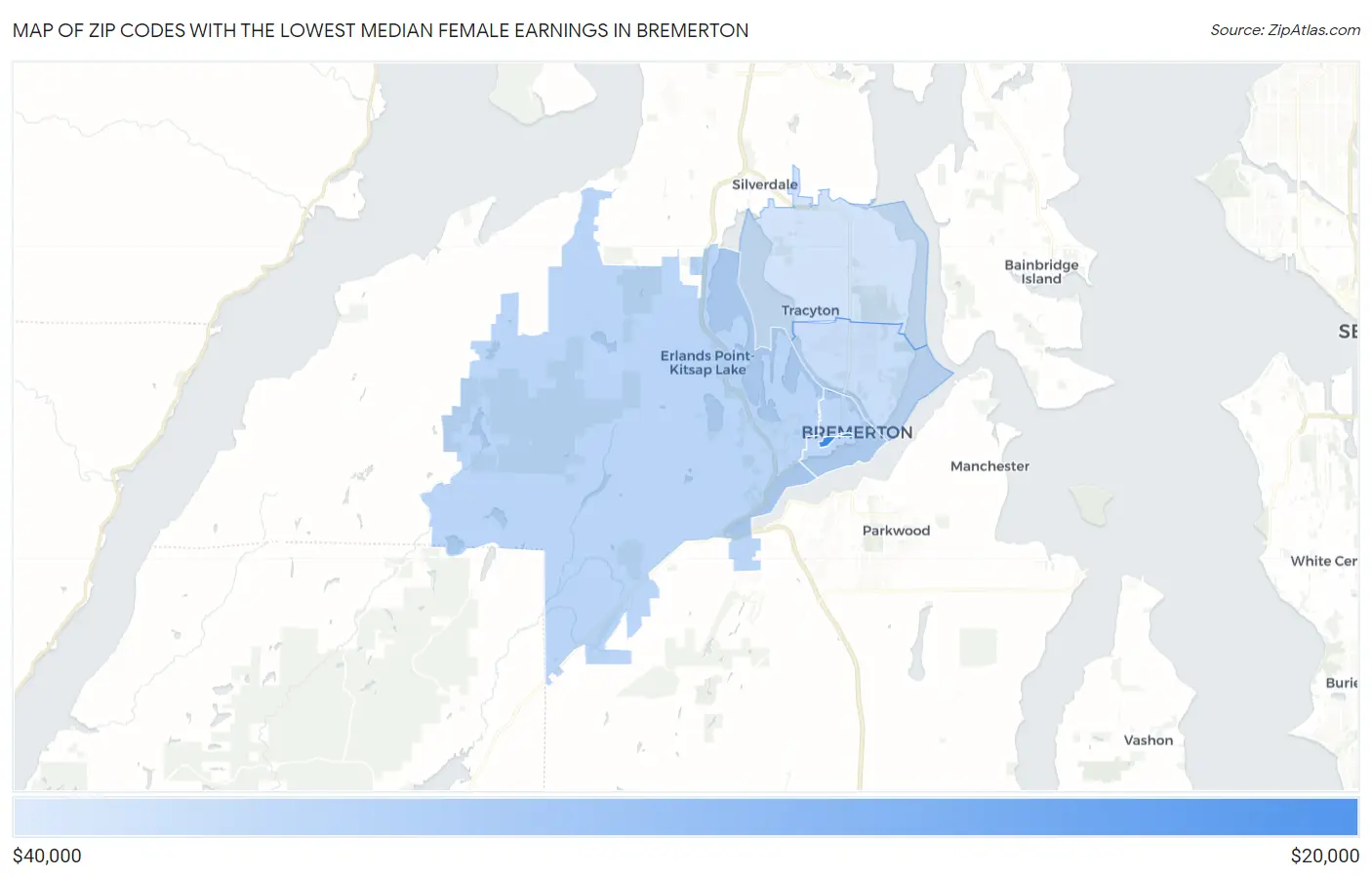 Zip Codes with the Lowest Median Female Earnings in Bremerton Map
