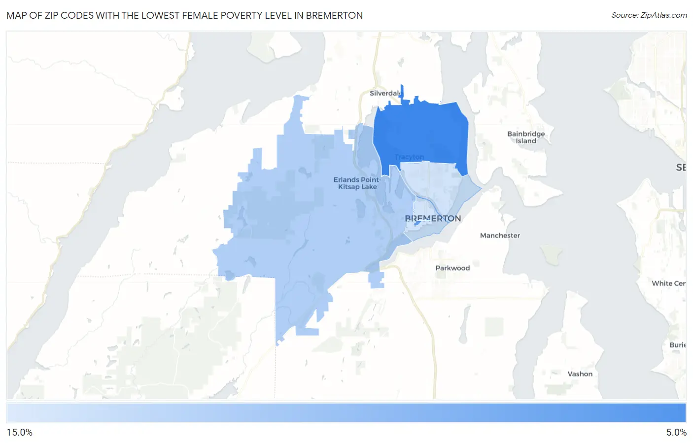 Zip Codes with the Lowest Female Poverty Level in Bremerton Map