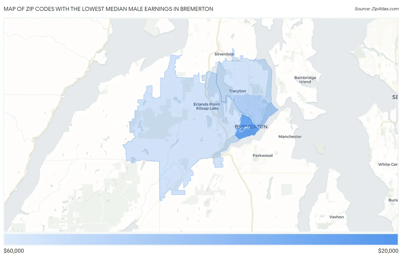 Zip Codes with the Lowest Median Male Earnings in Bremerton Map