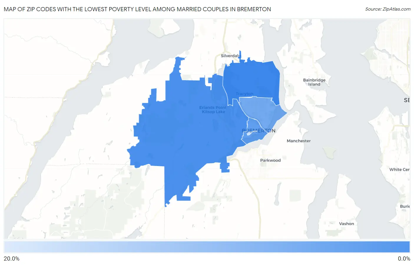 Zip Codes with the Lowest Poverty Level Among Married Couples in Bremerton Map