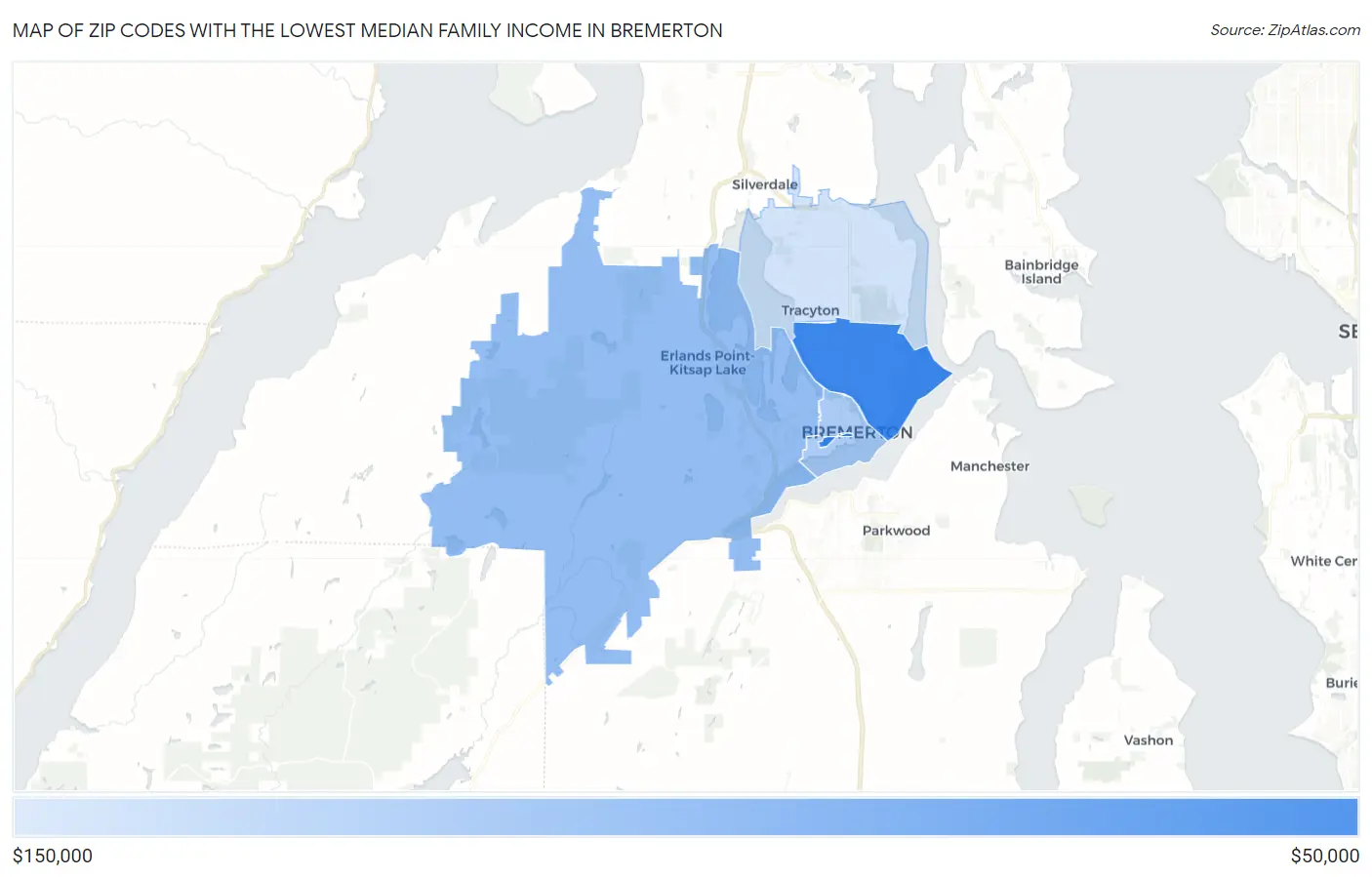 Zip Codes with the Lowest Median Family Income in Bremerton Map
