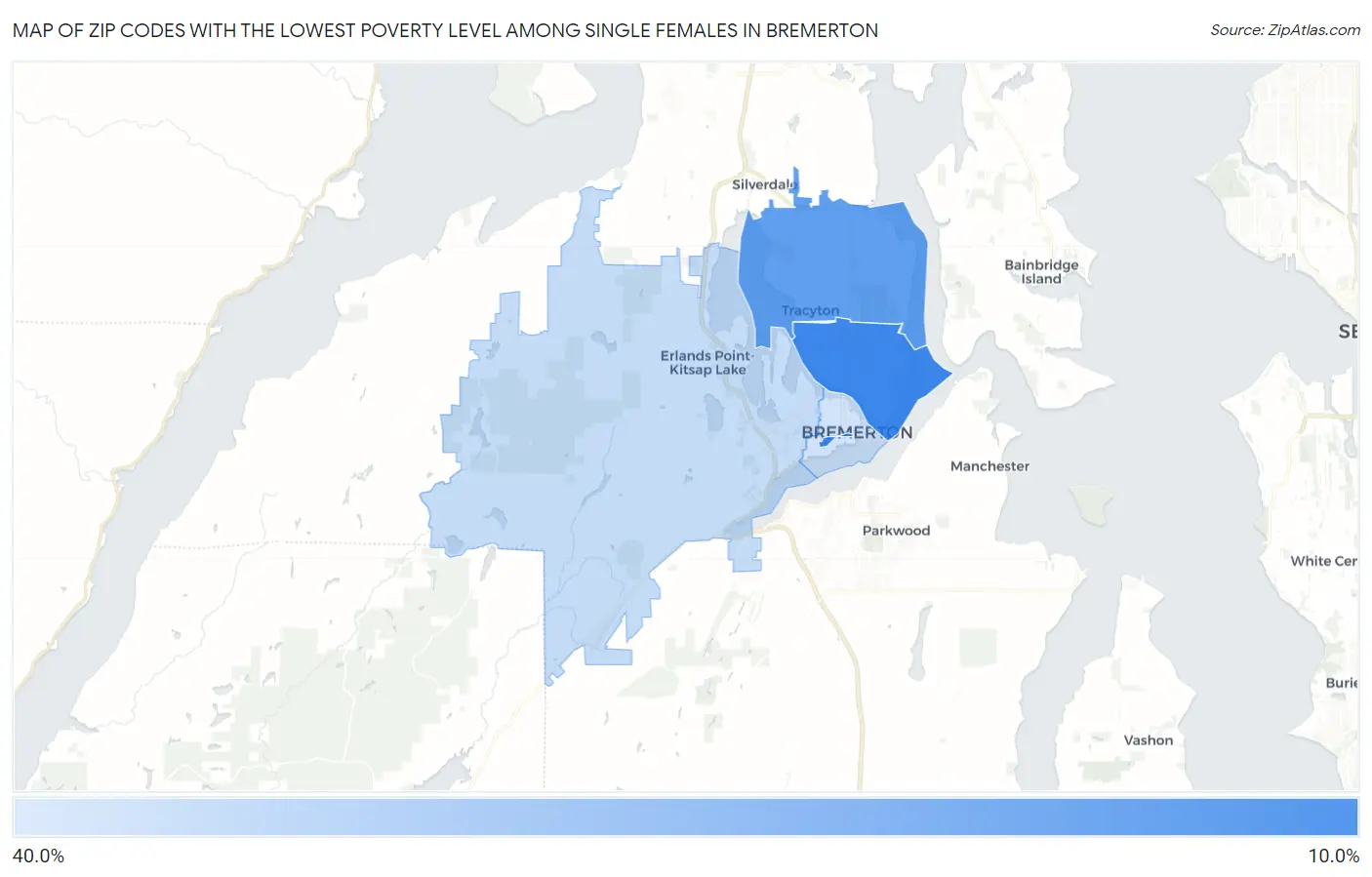Zip Codes with the Lowest Poverty Level Among Single Females in Bremerton Map