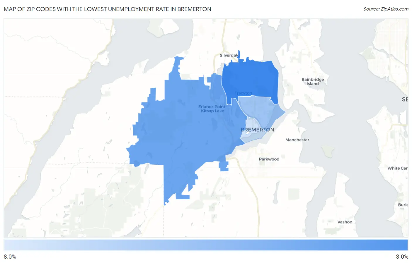 Zip Codes with the Lowest Unemployment Rate in Bremerton Map
